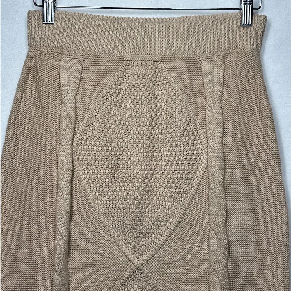 Polagram Cable Knit Midi Sweater Skirt PSW2919 Beige Tan Sz L Cozy Stretch Knit